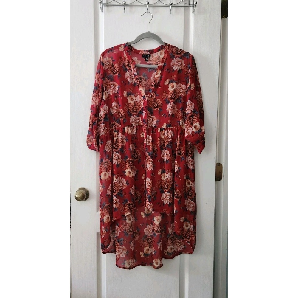 Torrid Women's Chiffon Hi-Low‎ Floral Tunic Blouse 3/4 Sleeve V-Neck Red Size 1